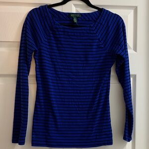 Ralph Lauren Women's Long Sleeve Blue and Black Striped Tee